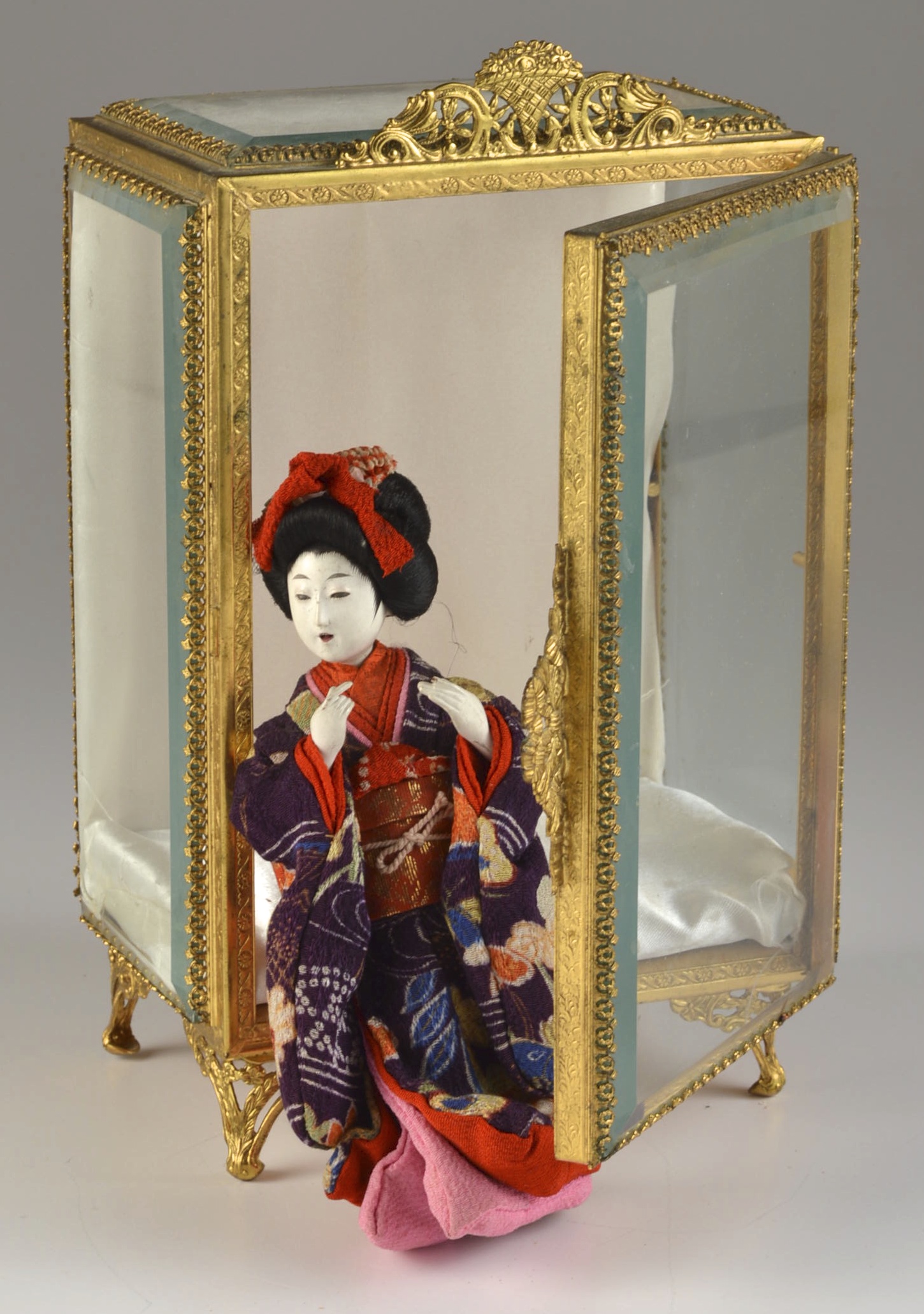 Asian Doll in Beautiful Beveled Glass Display Case