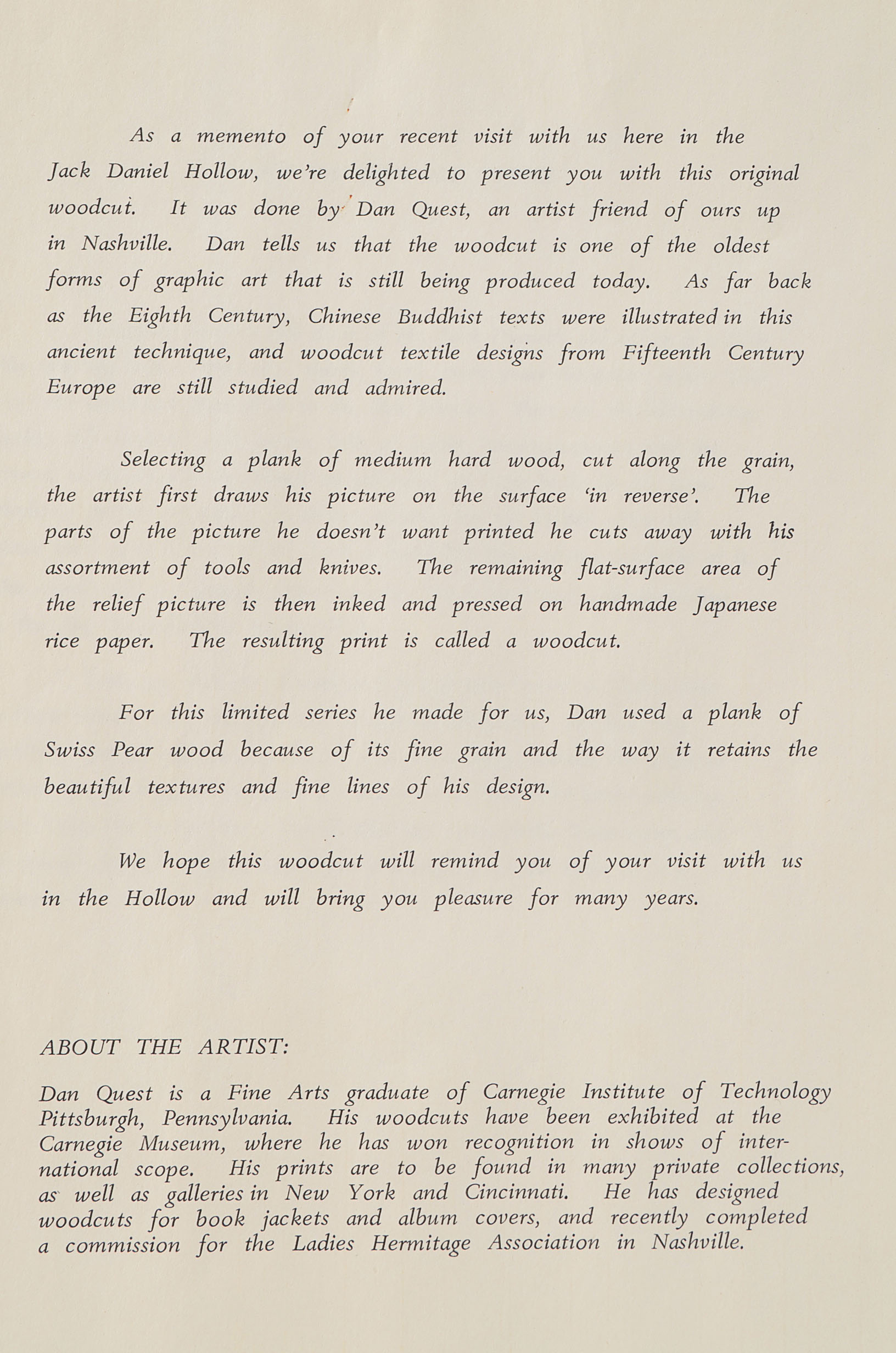 Original Woodcut, Dan Quest, Pennsylvania