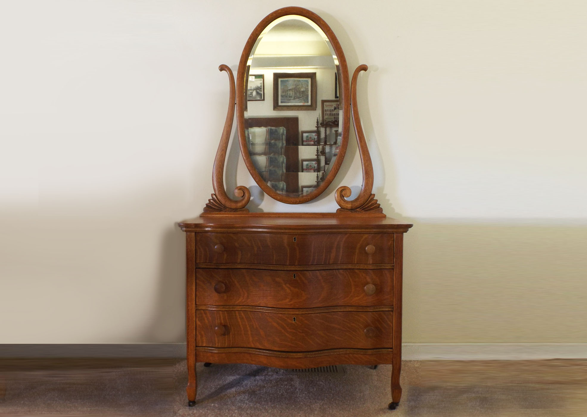 Golden Oak Empire Dresser with Wishbone Mirror from the Bob Evans Estate |  EBTH