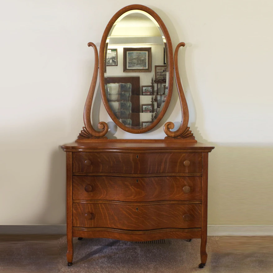 Golden Oak Empire Dresser with Wishbone Mirror from the Bob Evans Estate | EBTH Golden Oak Empire Dresser with Wishbone Mirror from the Bob Evans Estate | EBTH