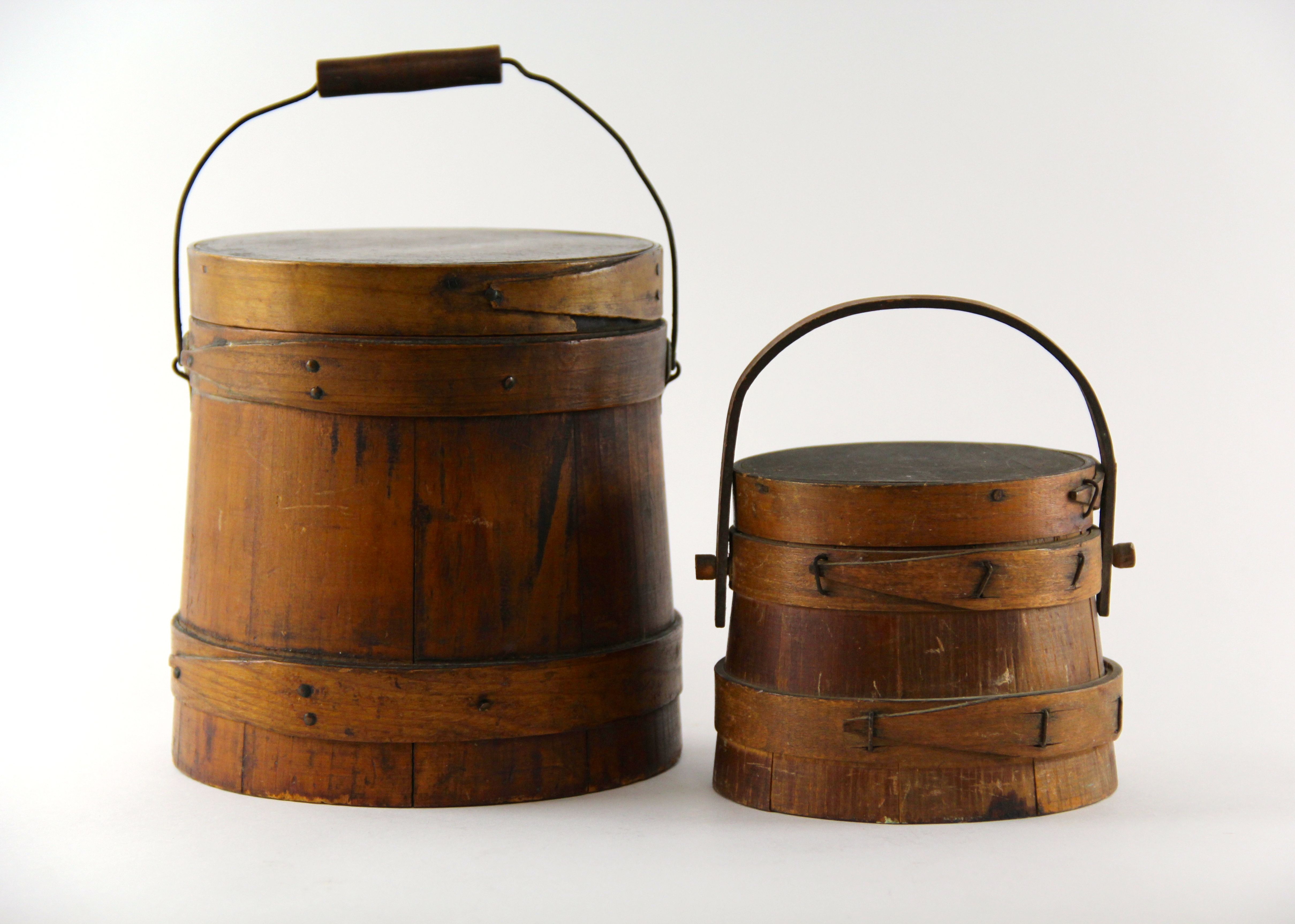 Two Antique Shaker Wooden Buckets with Lids