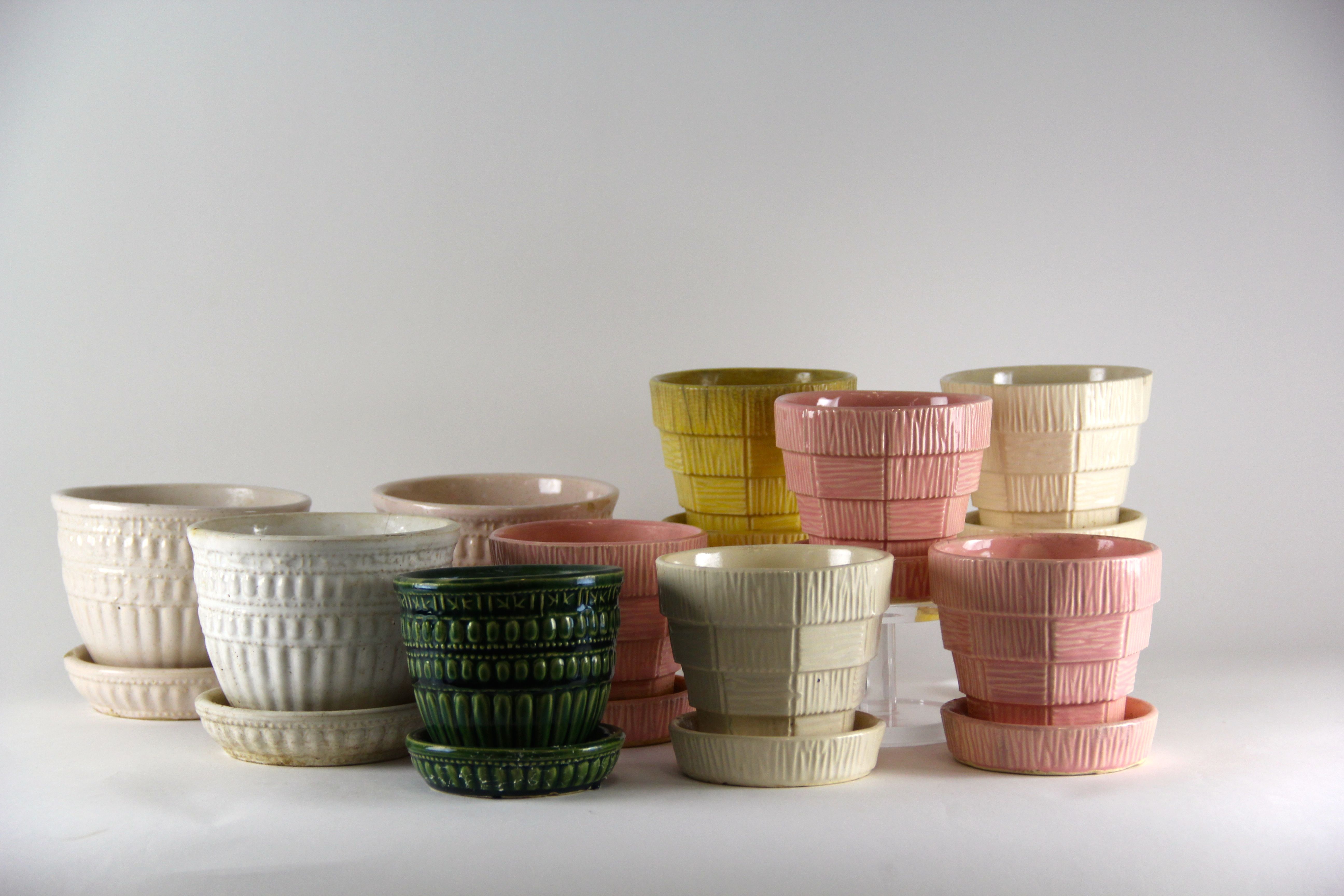 Collection of 10 Vintage Mid-Century McCoy Pottery Planters with Attached Saucer