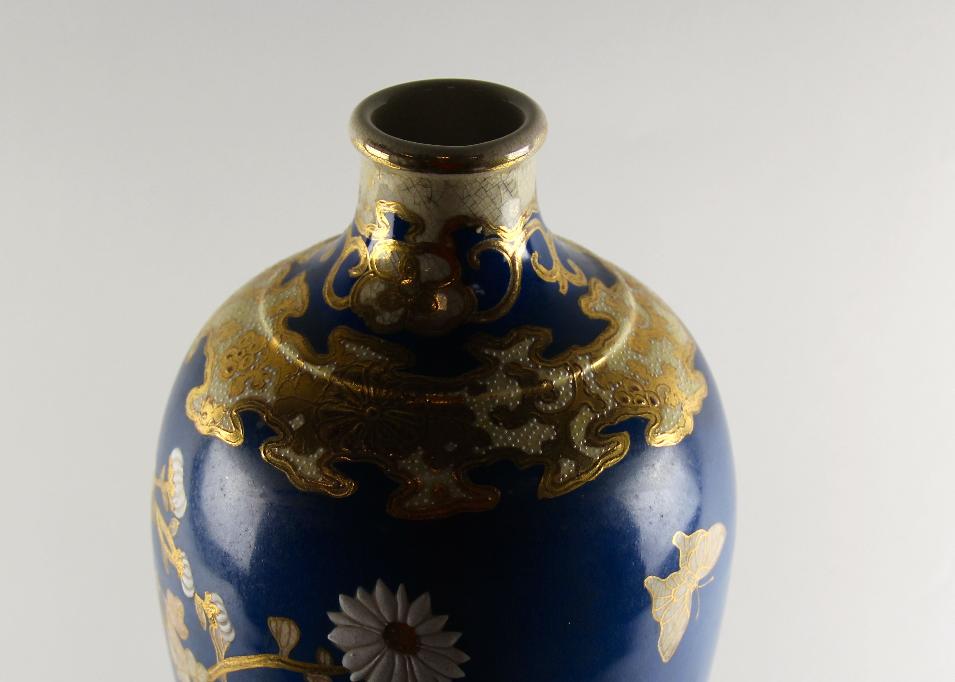 1920s Porcelain Hand-Painted Blue and Gold Floral Satsuma Vase