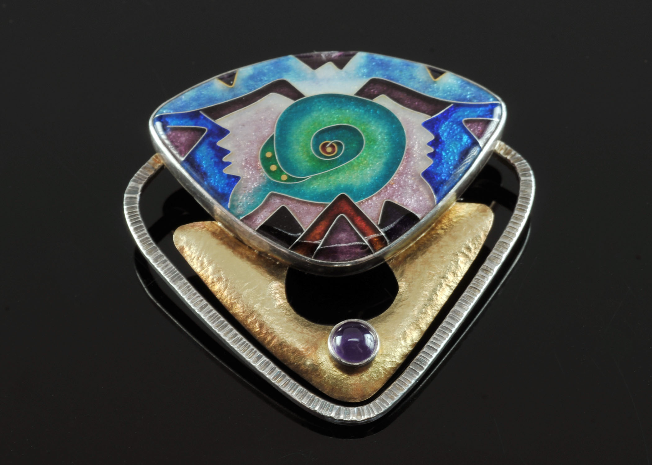 CR Dunetz Sterling Silver 22 K Yellow Gold Cloisonne' Enamel Brooch/ Pendant