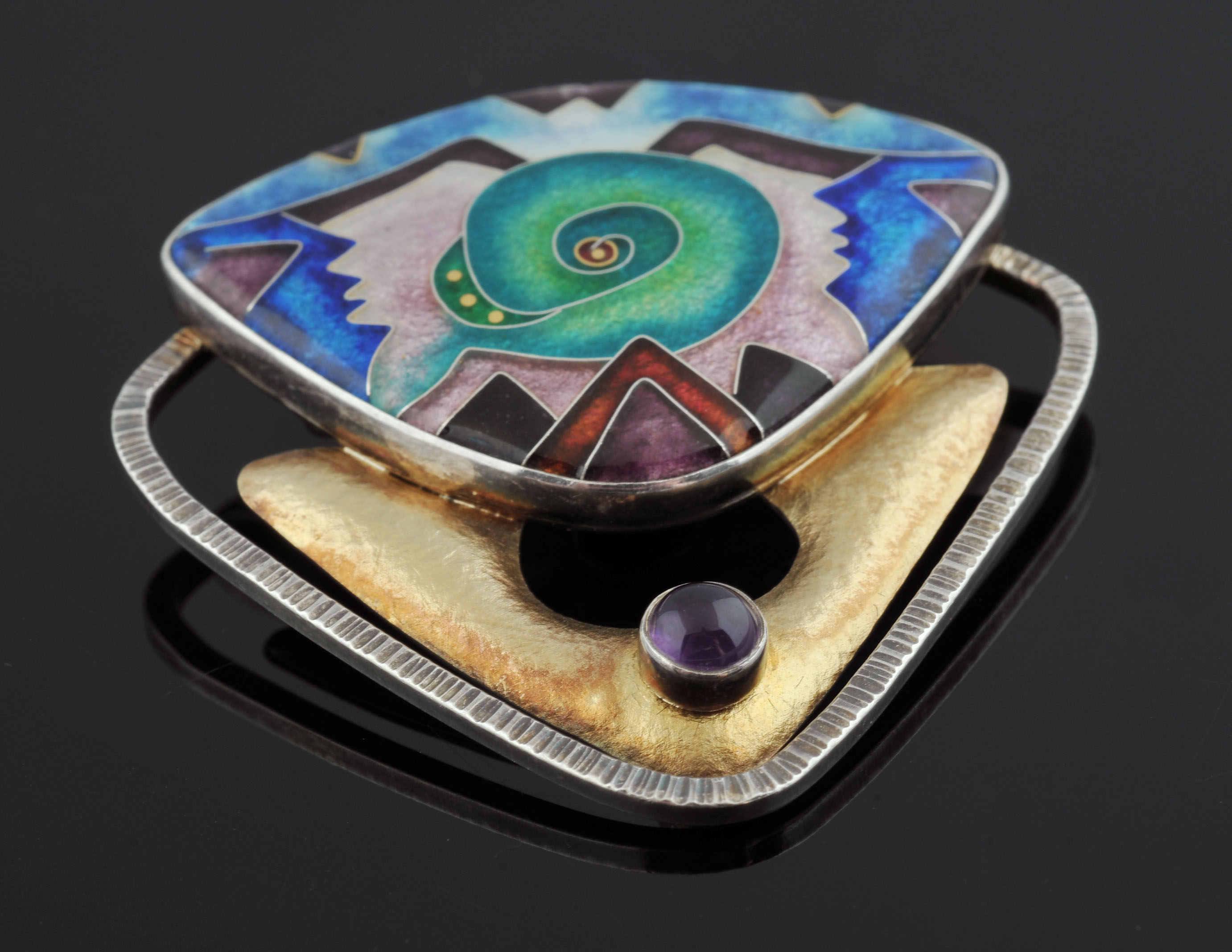 CR Dunetz Sterling Silver 22 K Yellow Gold Cloisonne' Enamel Brooch/ Pendant
