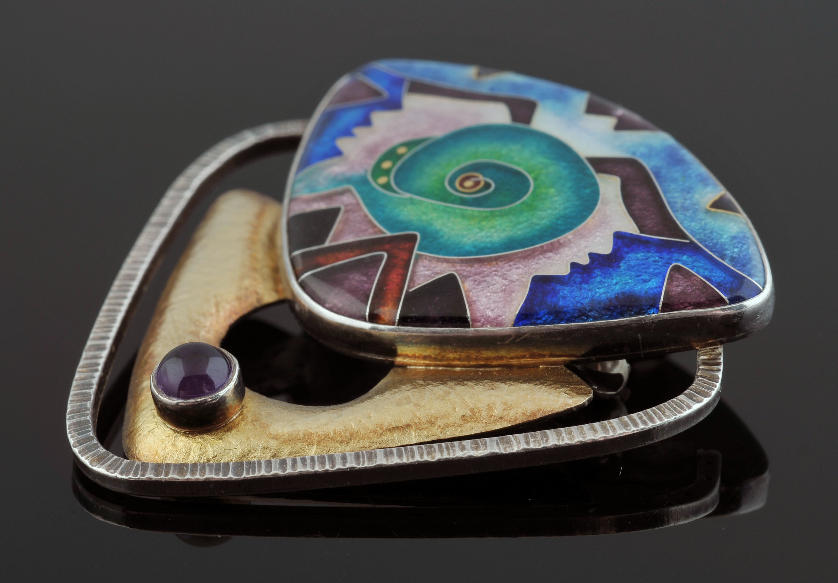 CR Dunetz Sterling Silver 22 K Yellow Gold Cloisonne' Enamel Brooch/ Pendant