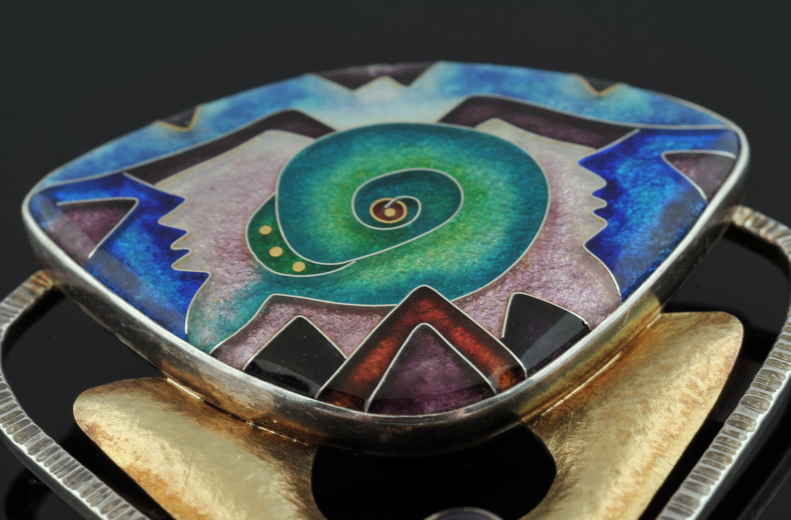 CR Dunetz Sterling Silver 22 K Yellow Gold Cloisonne' Enamel Brooch/ Pendant