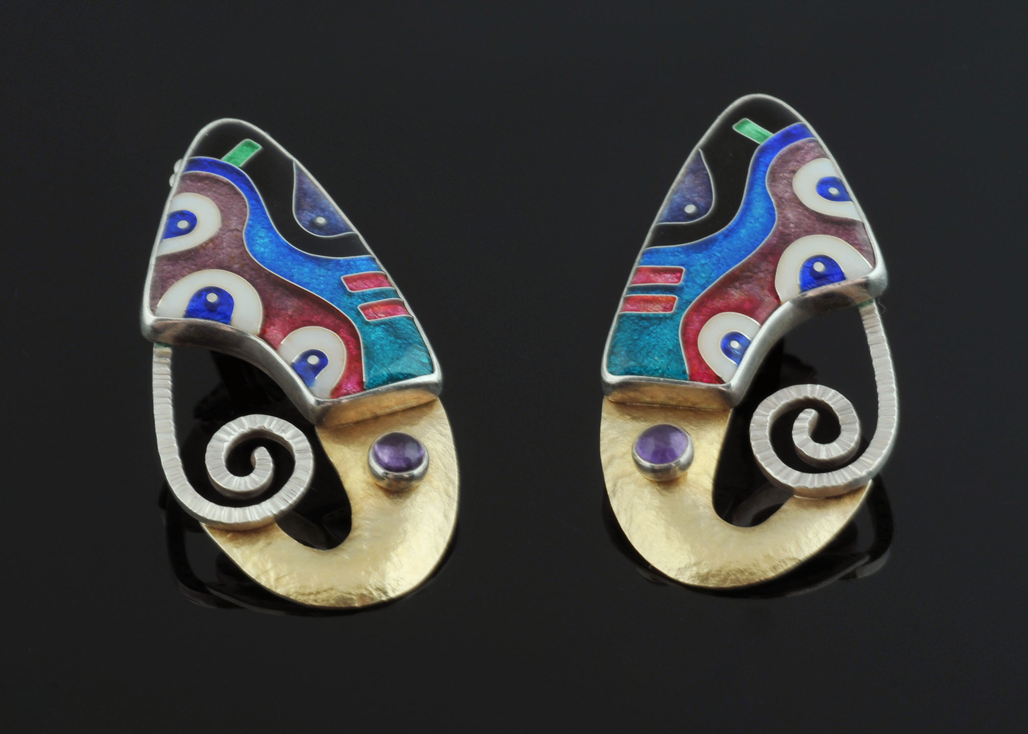 Pair of CR Dunetz Sterling 22 K Yellow Gold Cloisonne' Enamel Earrings