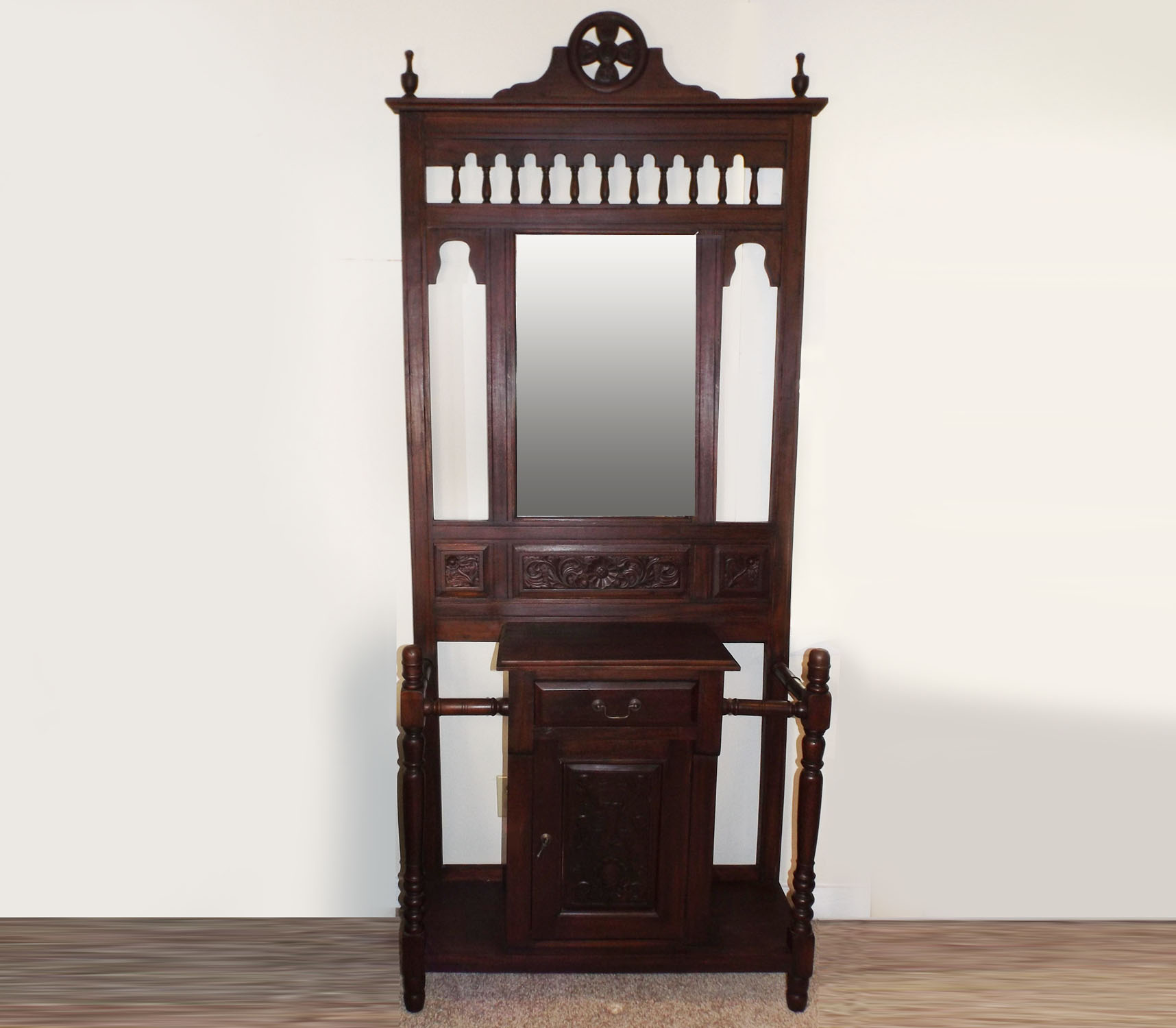 Wonderful Floral-Carved Dark Cherry Hall Tree