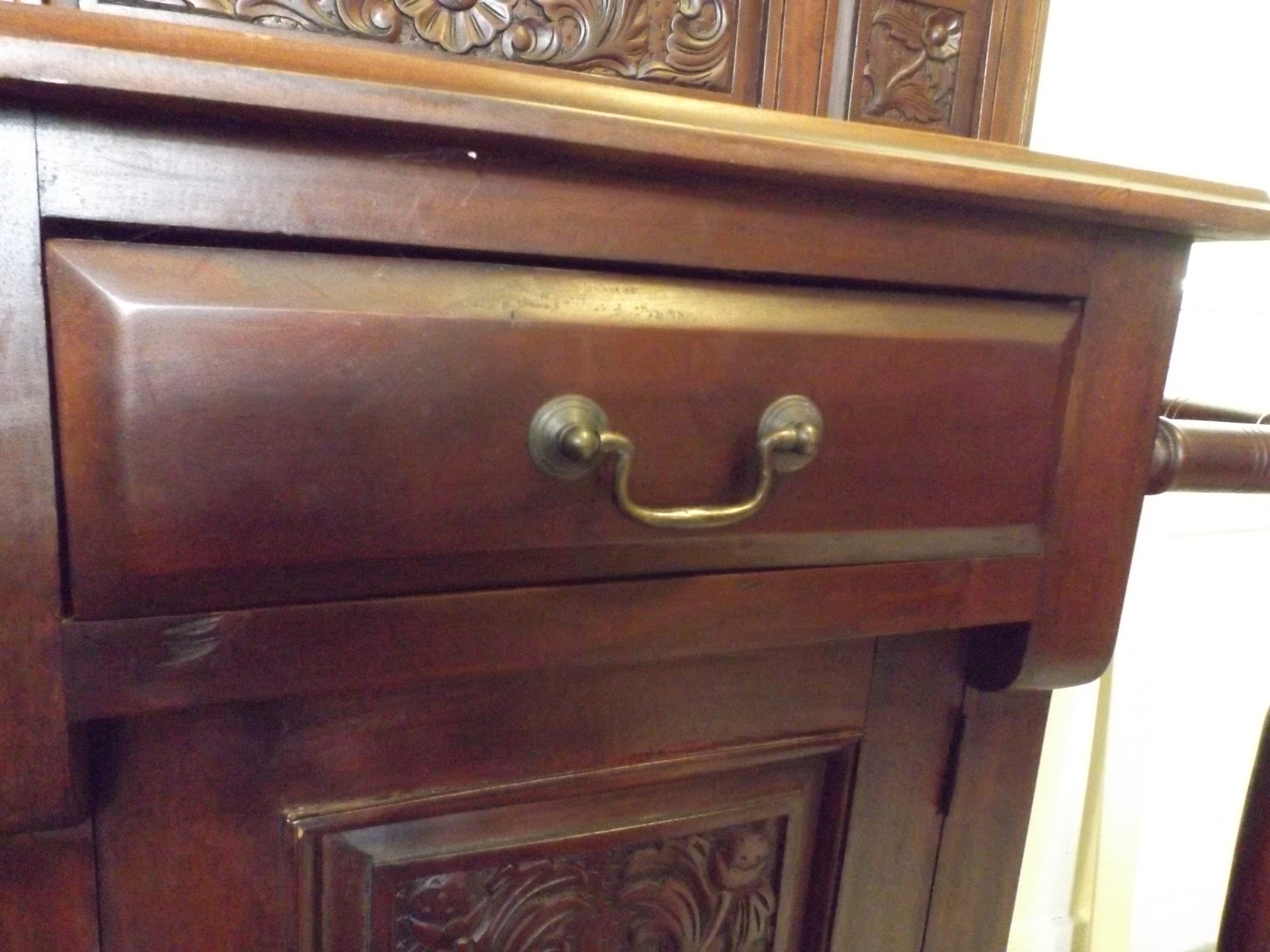 Wonderful Floral-Carved Dark Cherry Hall Tree