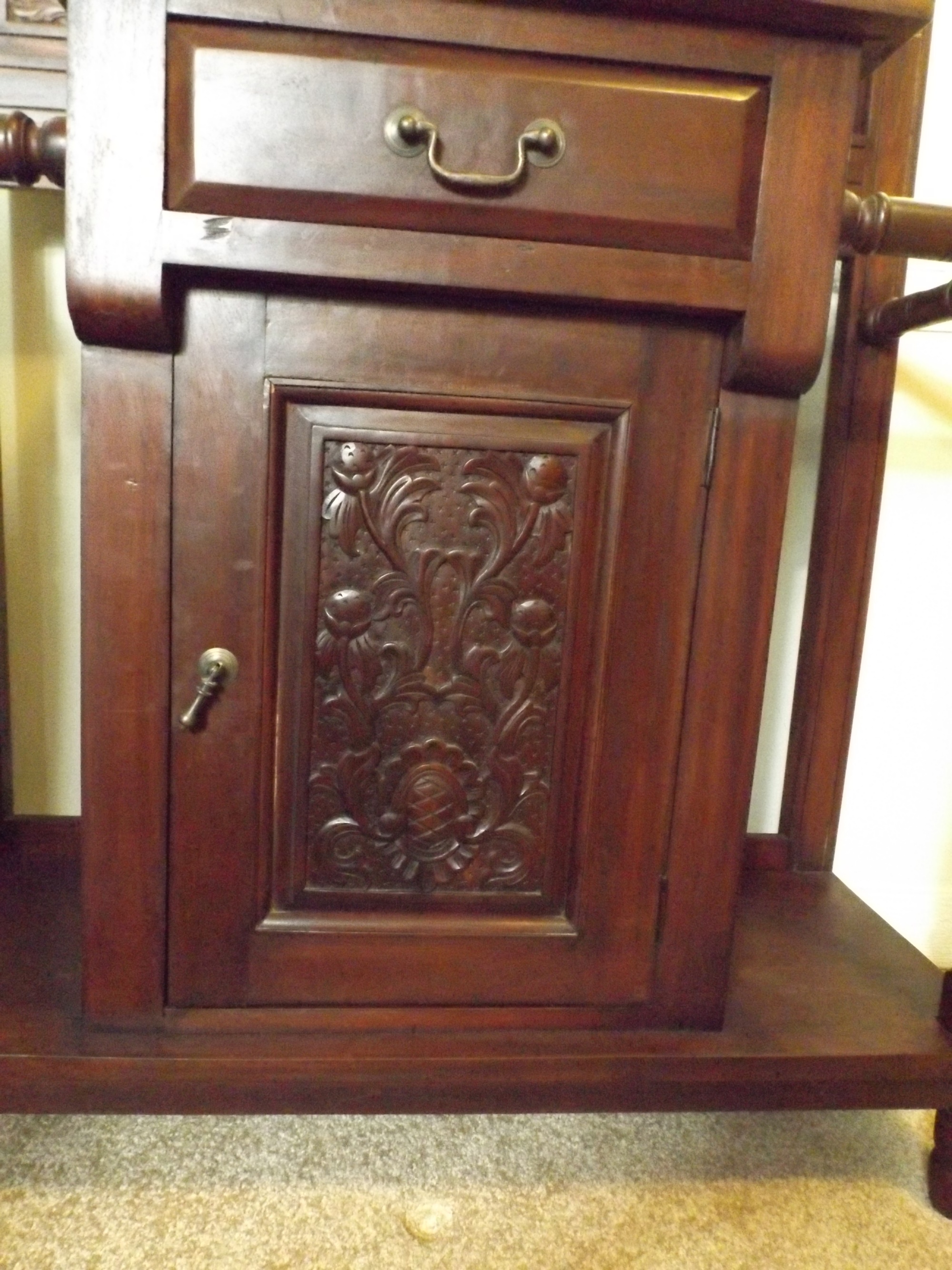 Wonderful Floral-Carved Dark Cherry Hall Tree