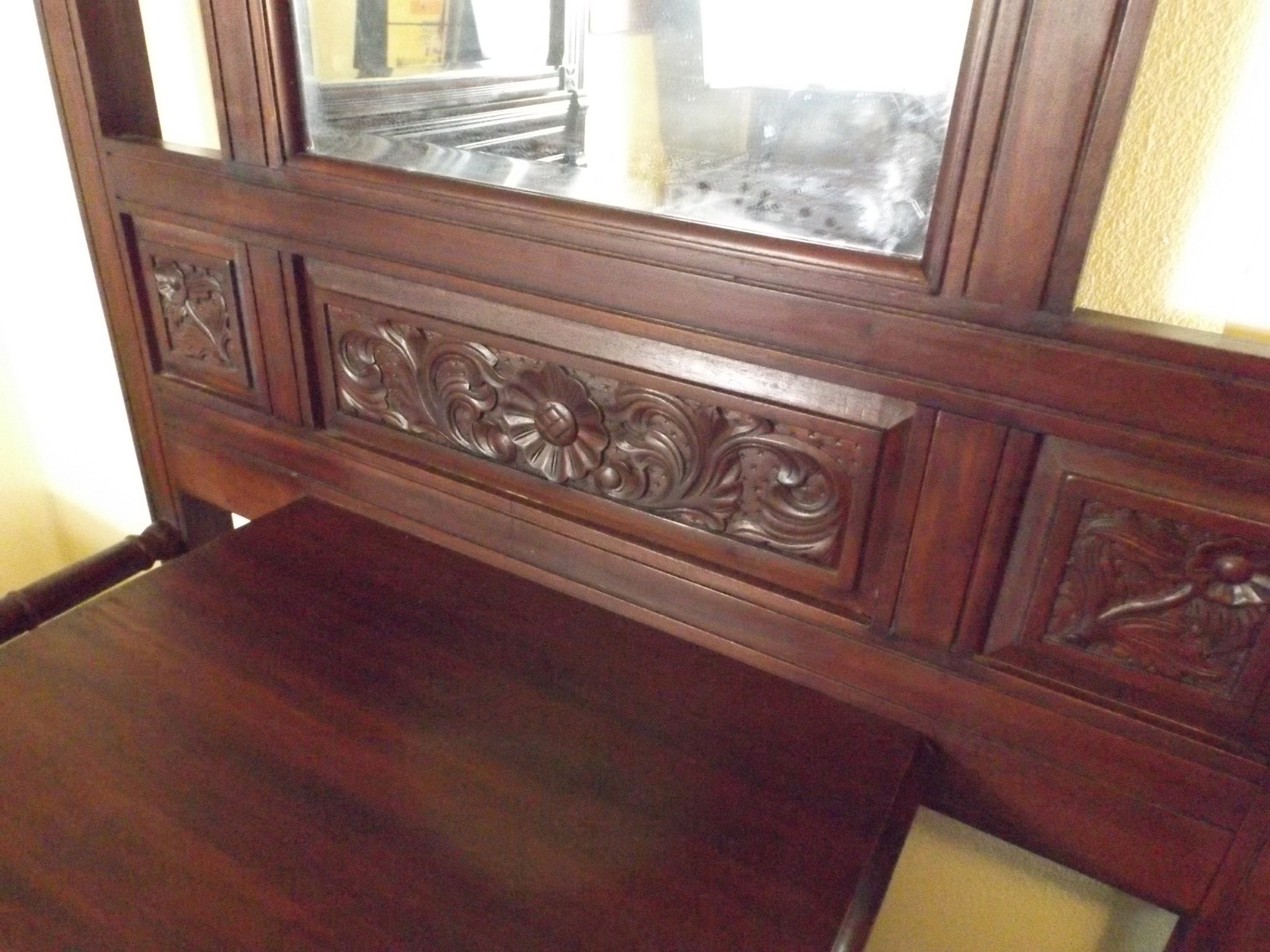 Wonderful Floral-Carved Dark Cherry Hall Tree