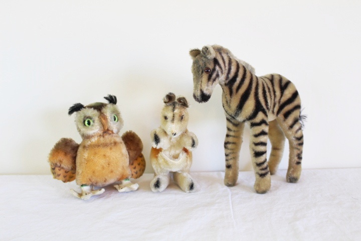 Original Steiff Zebra, Kangaroo and Owl