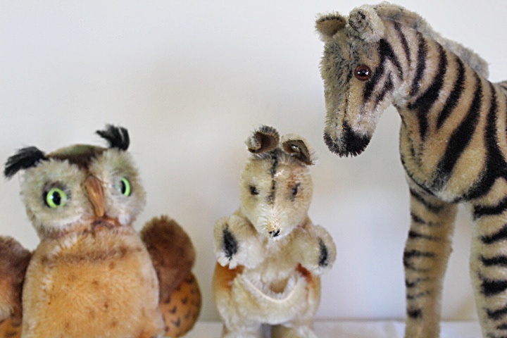 Original Steiff Zebra, Kangaroo and Owl