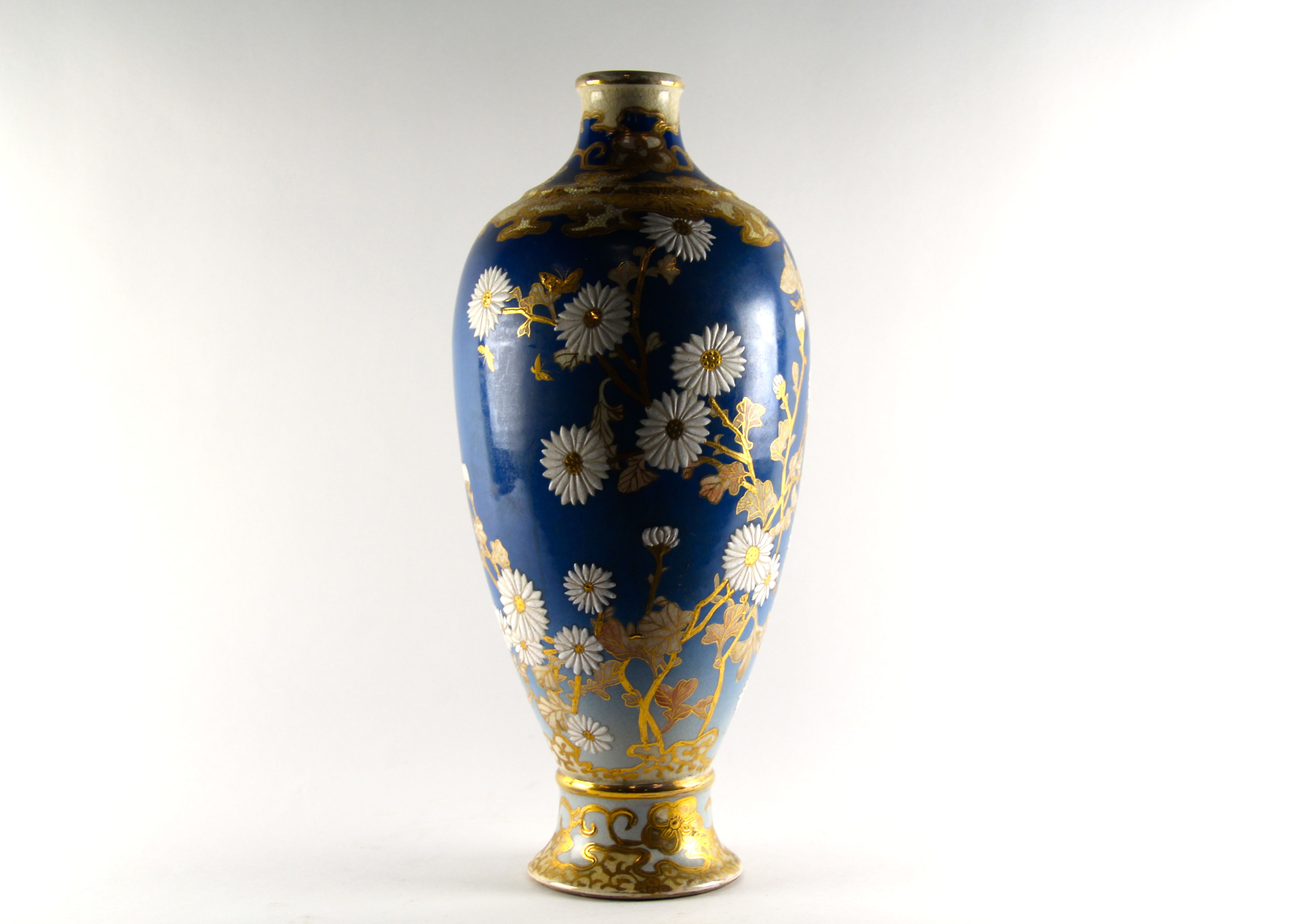 1920s Porcelain Hand-Painted Blue and Gold Floral Satsuma Vase