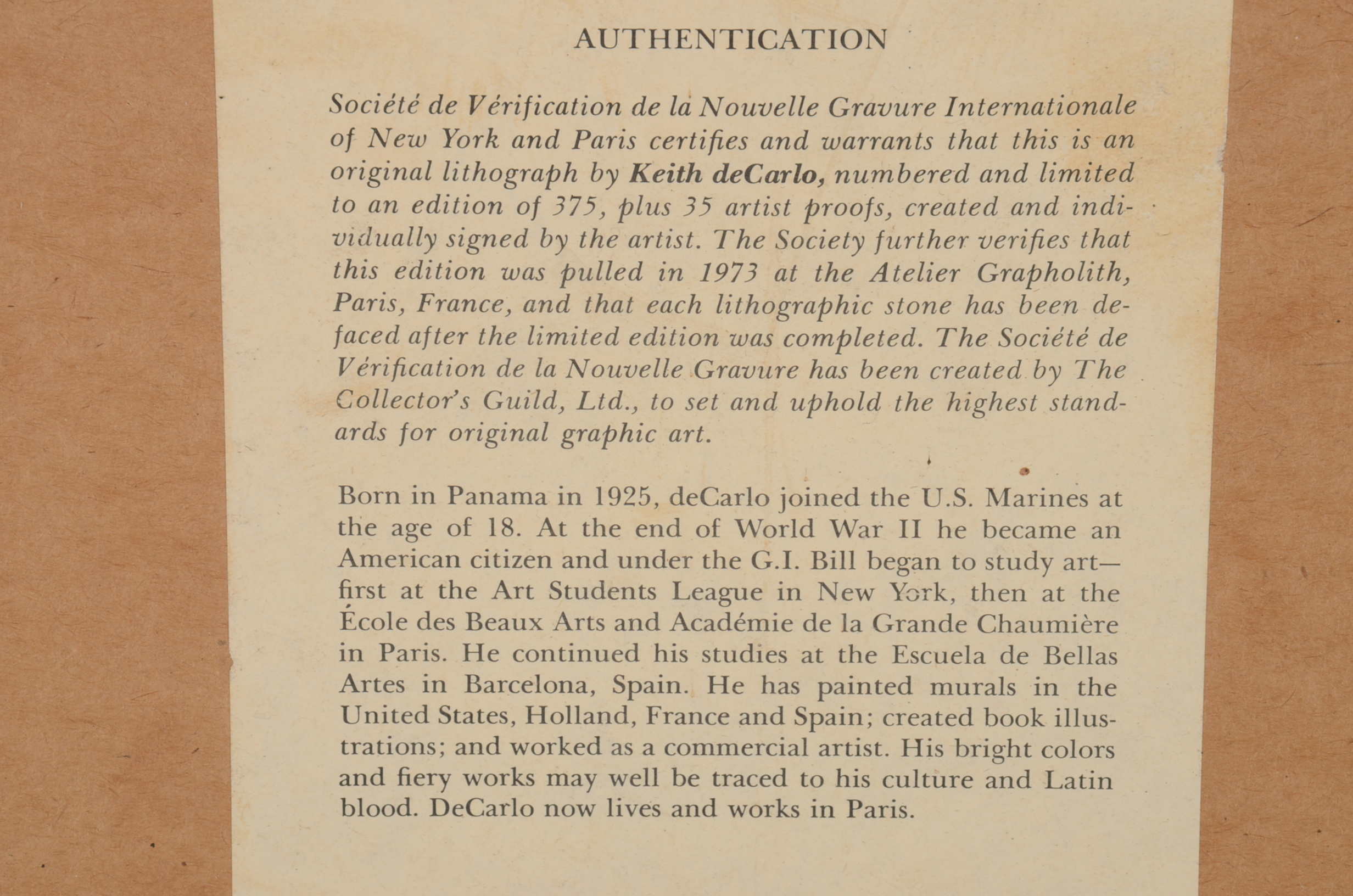 Original Keith de Carlo Lithograph 