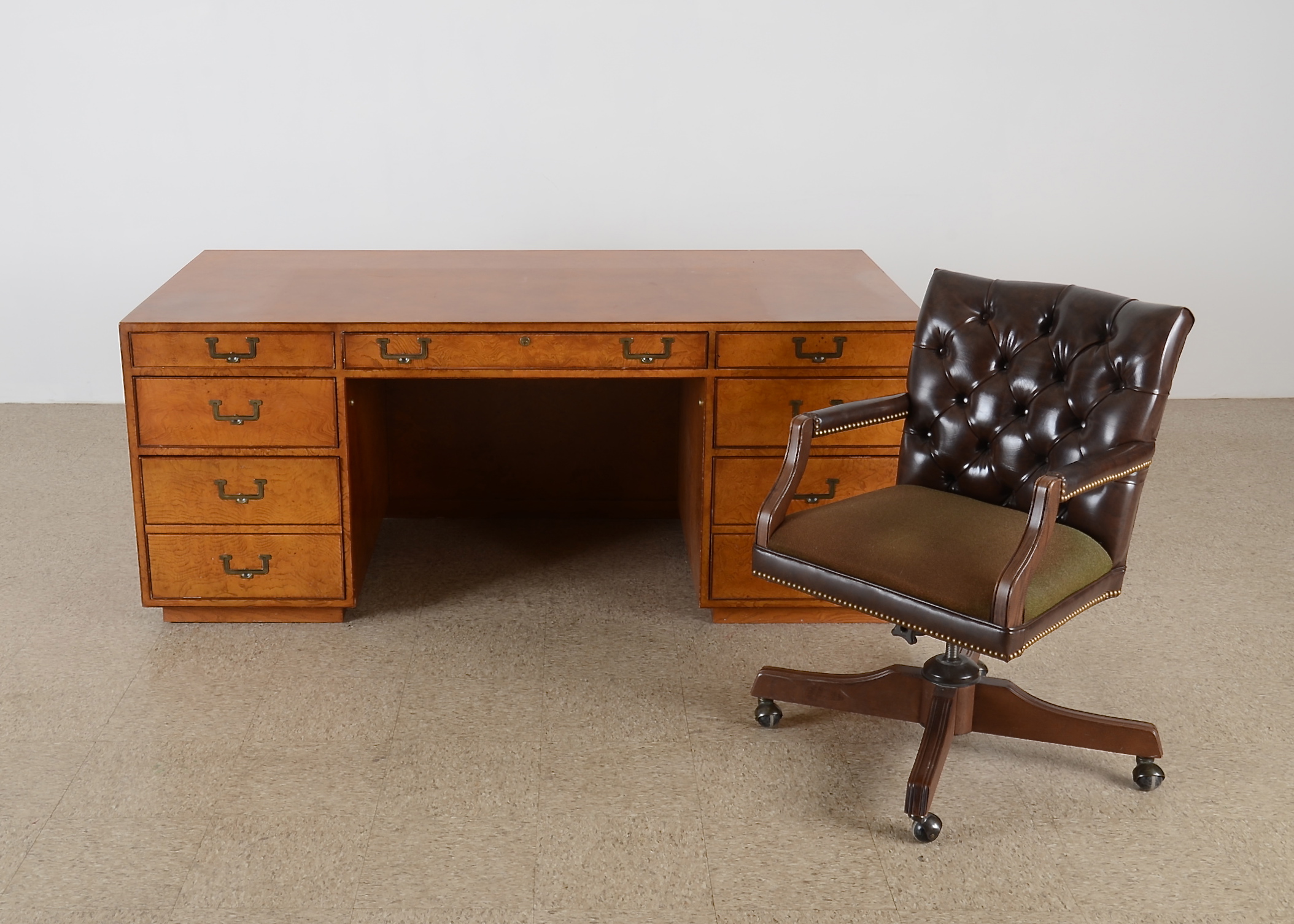 John Widdicomb Burled Walnut Executive Campaign Desk