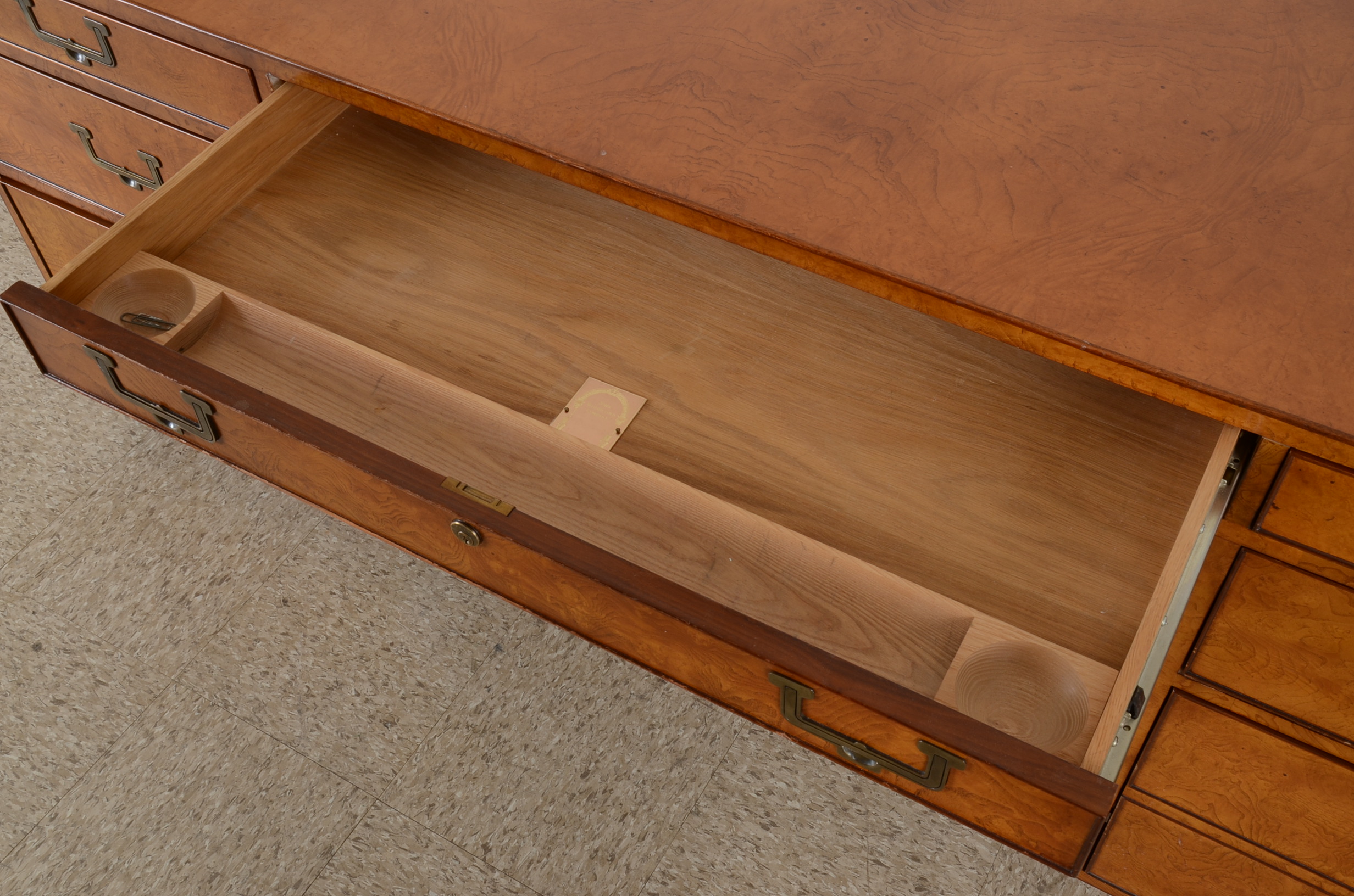 John Widdicomb Burled Walnut Executive Campaign Desk