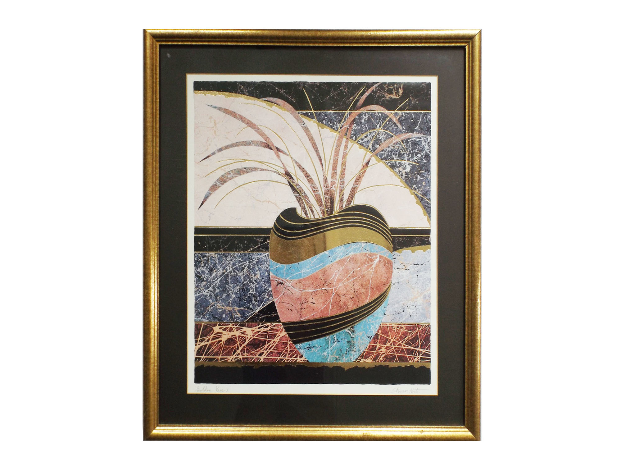 1980s Signed Silkscreen Print Titled 'Golden Vase 1'