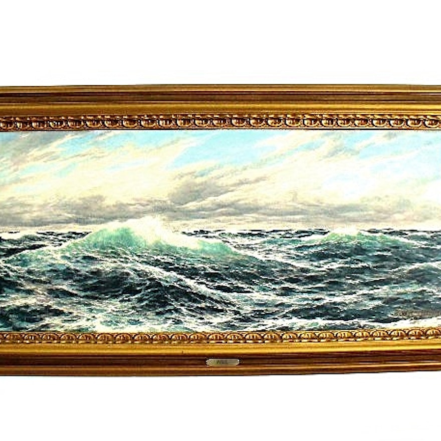 Large Framed Ocean Print on Board "Rough Sea" by R. S. Wolfinger