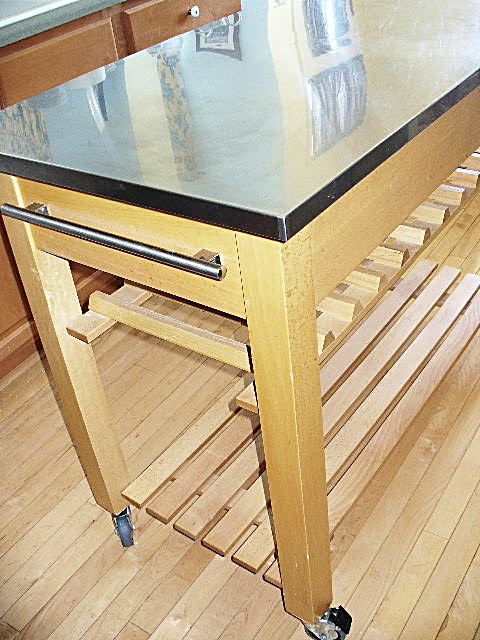 Beechwood Kitchen Island, Stainless Steel Worktop, Two Drawers, Wine Rack, Shelf