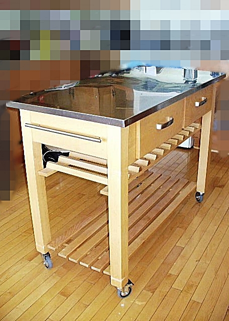 Beechwood Kitchen Island, Stainless Steel Worktop, Two Drawers, Wine Rack, Shelf