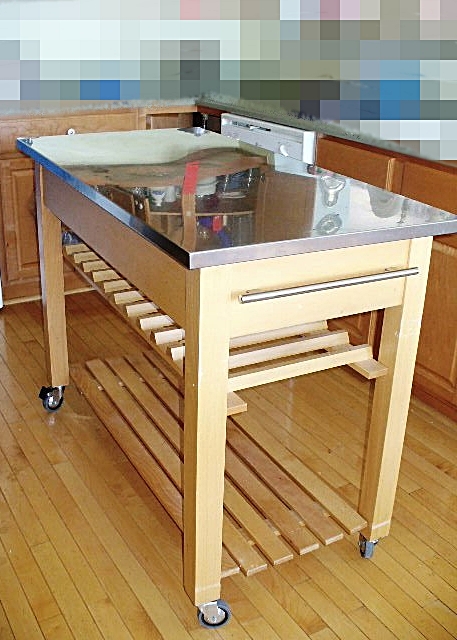 Beechwood Kitchen Island, Stainless Steel Worktop, Two Drawers, Wine Rack, Shelf