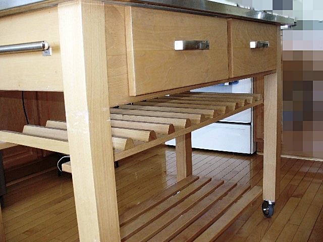 Beechwood Kitchen Island, Stainless Steel Worktop, Two Drawers, Wine Rack, Shelf