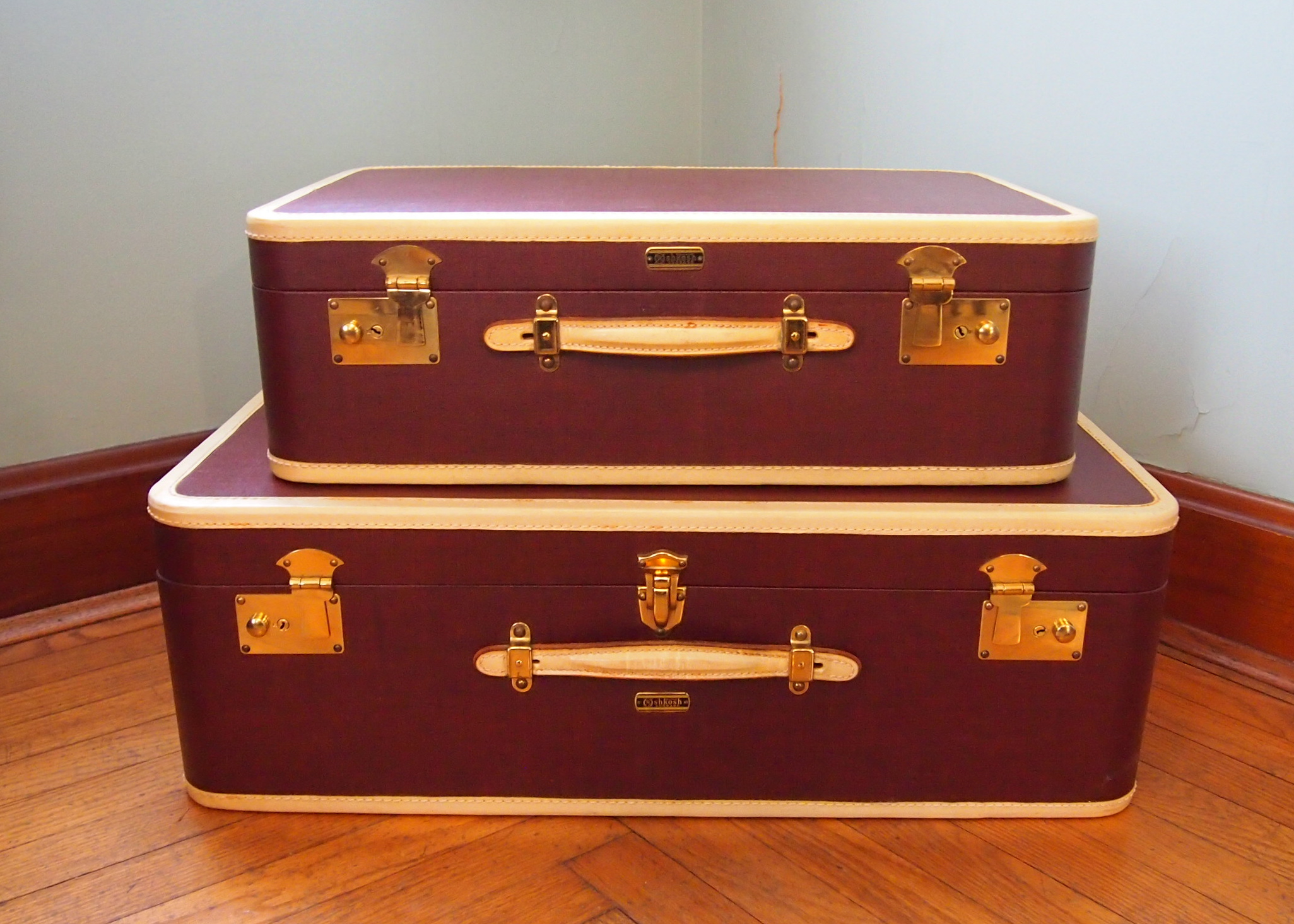 Two Vintage Maroon Oshkosh Luggage