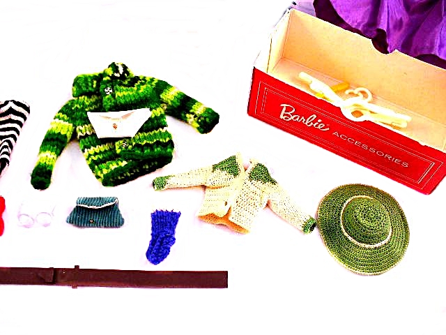 Patent Vinyl Barbie Case, Four Barbies and Assorted Clothing and Accessories