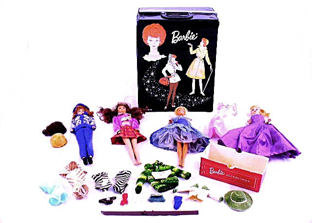 Patent Vinyl Barbie Case, Four Barbies and Assorted Clothing and Accessories