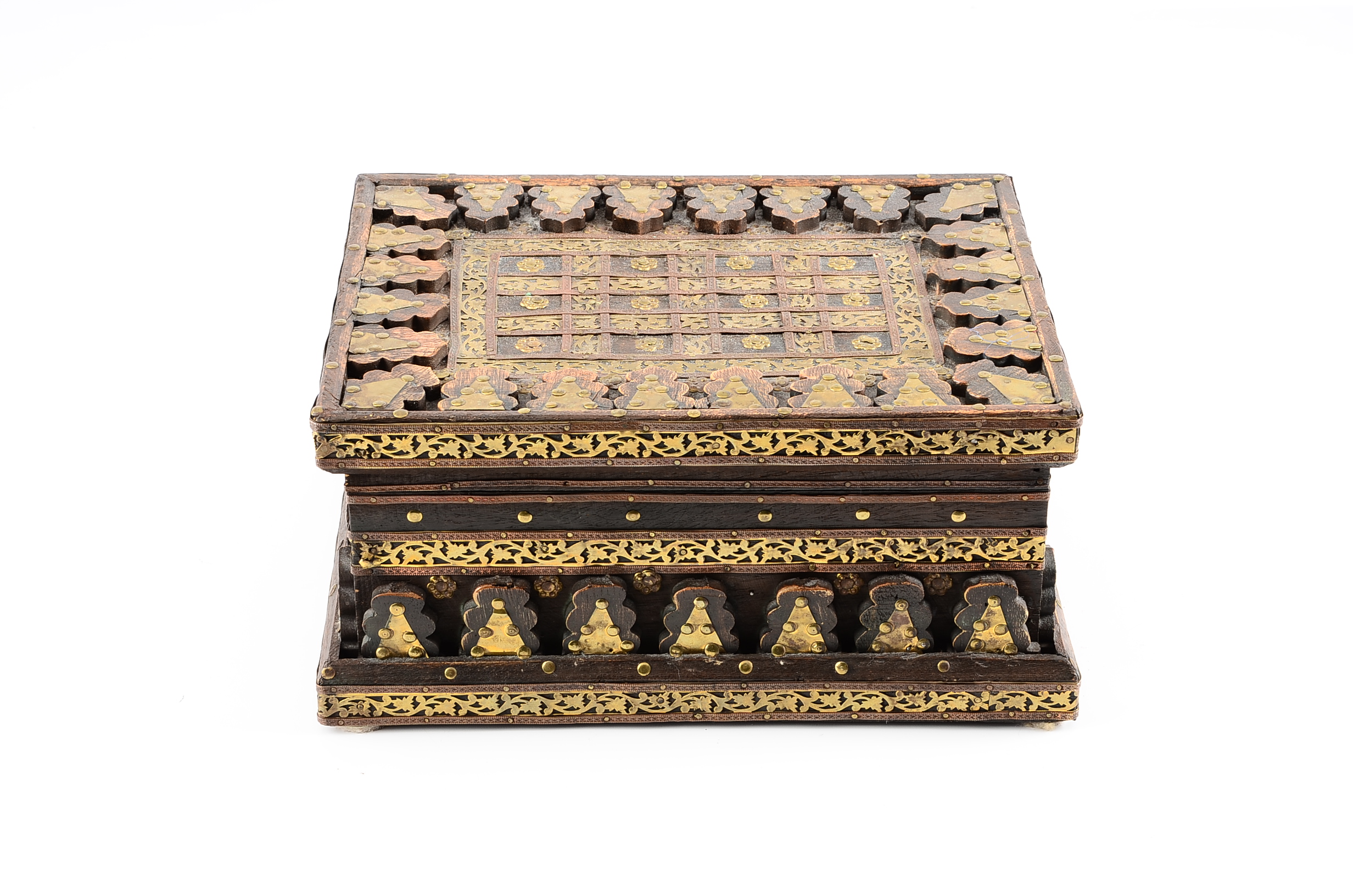 Reproduction Wooden Box with Intricate Applied Brass Decoration