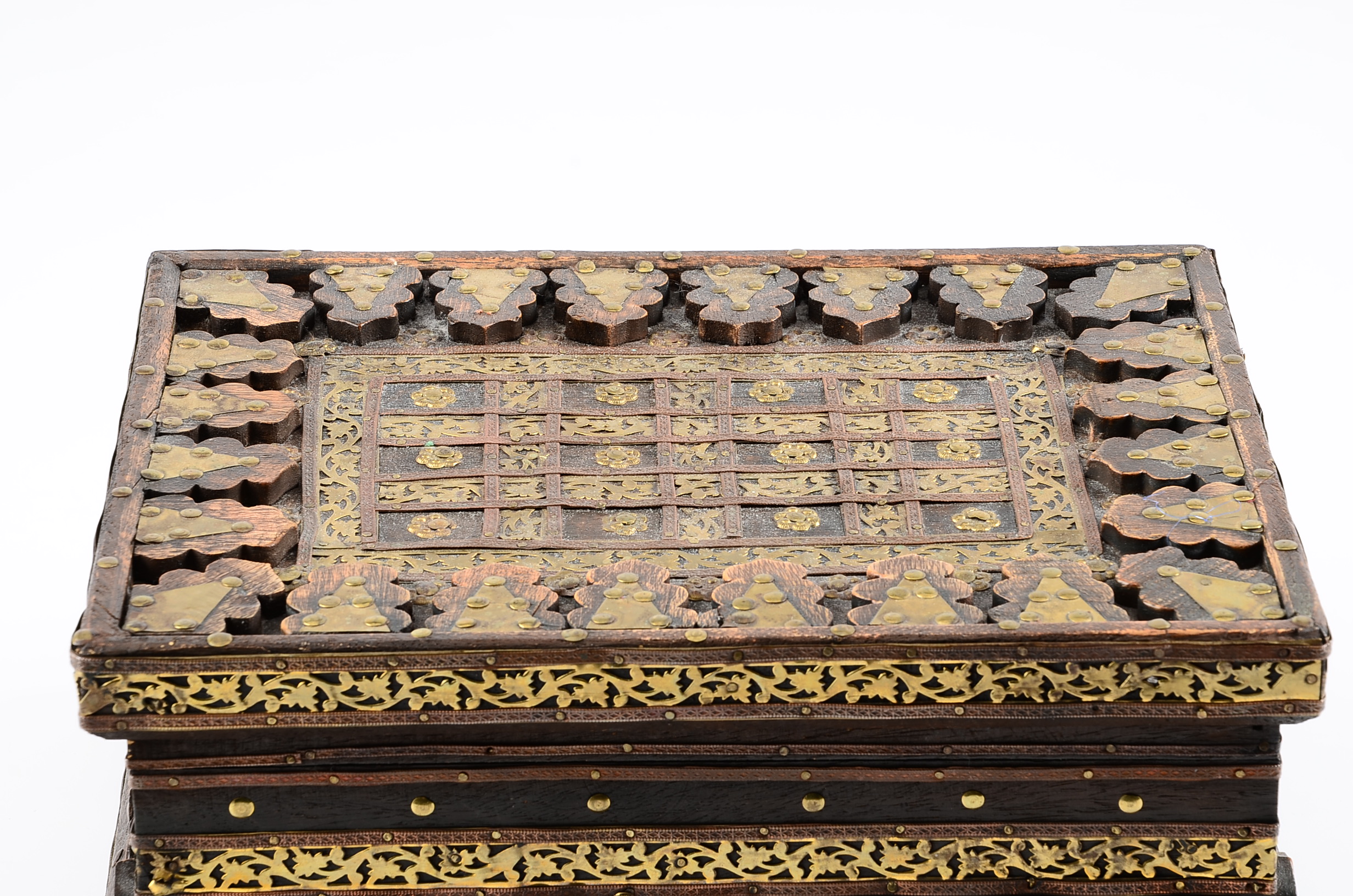 Reproduction Wooden Box with Intricate Applied Brass Decoration