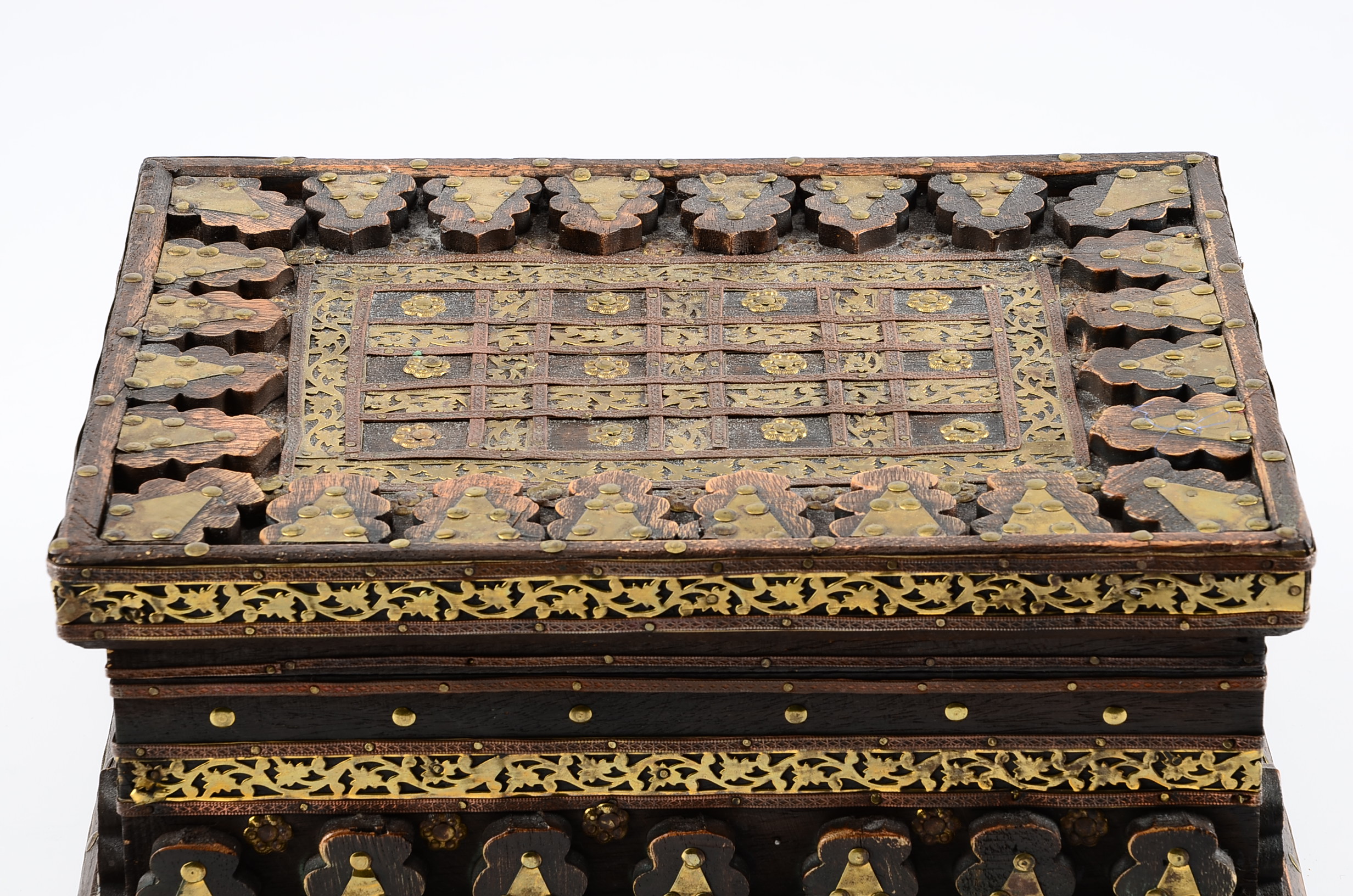 Reproduction Wooden Box with Intricate Applied Brass Decoration