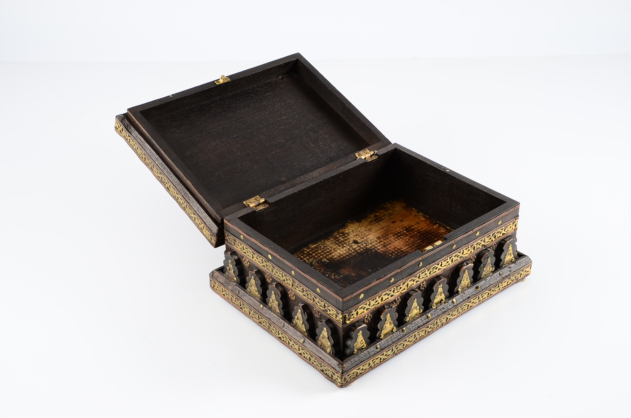 Reproduction Wooden Box with Intricate Applied Brass Decoration