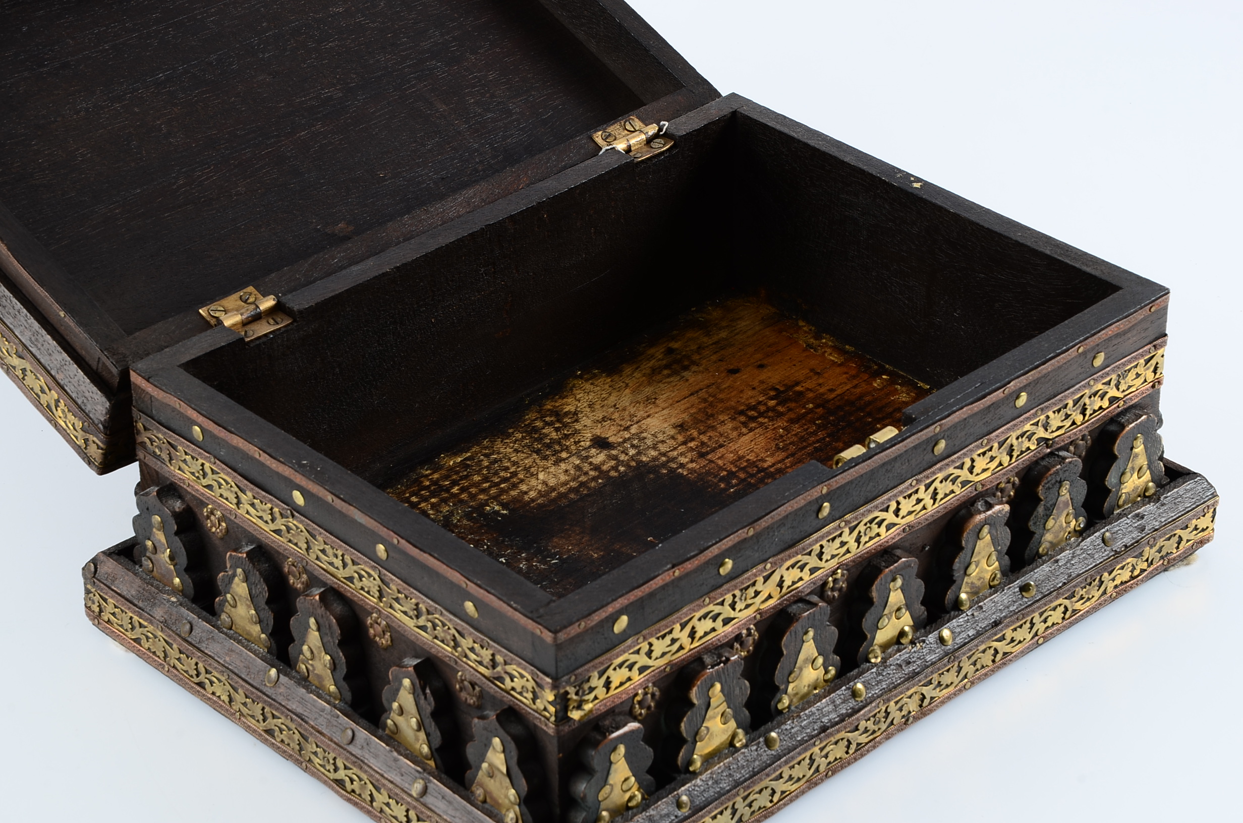 Reproduction Wooden Box with Intricate Applied Brass Decoration