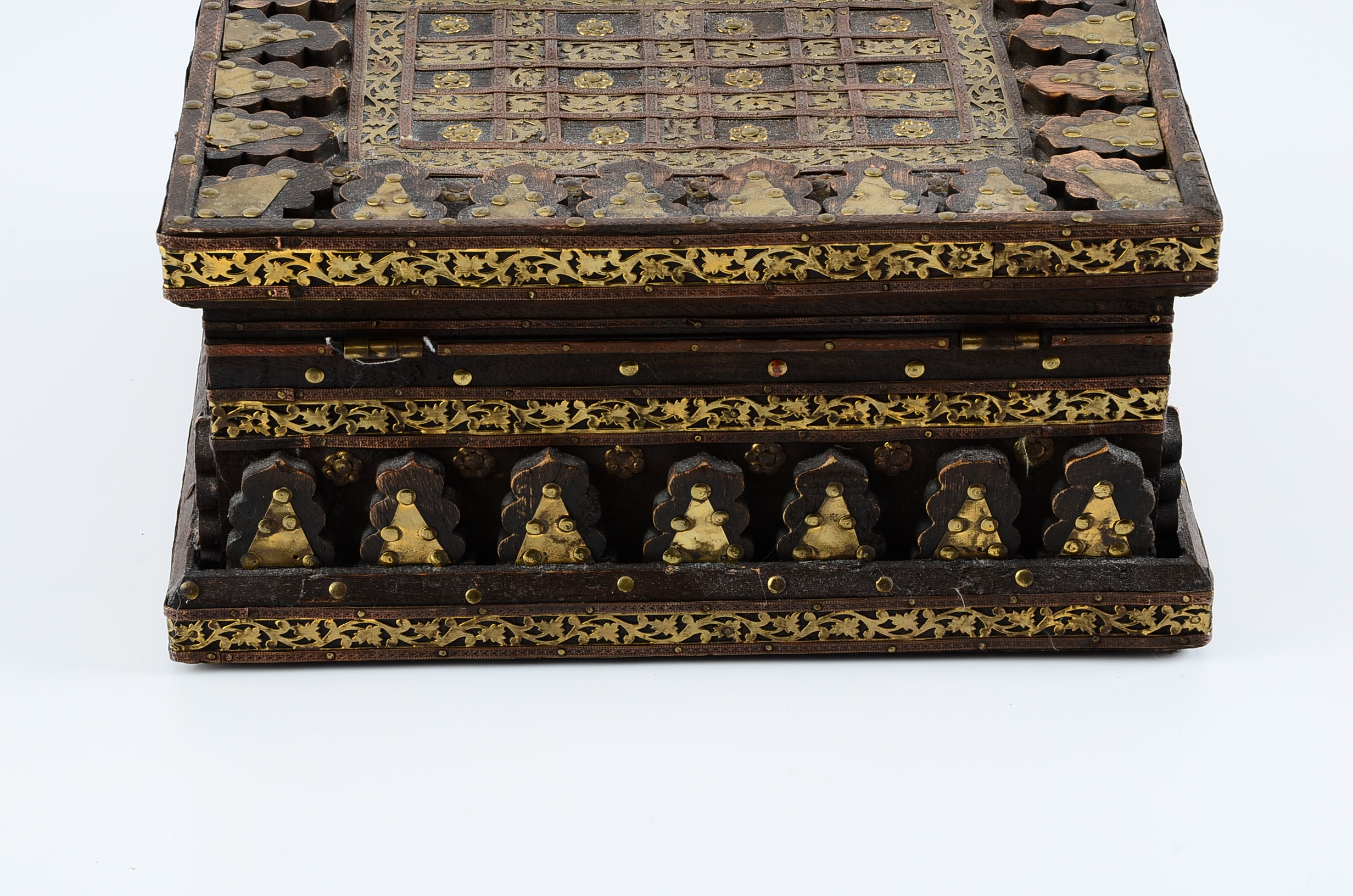 Reproduction Wooden Box with Intricate Applied Brass Decoration