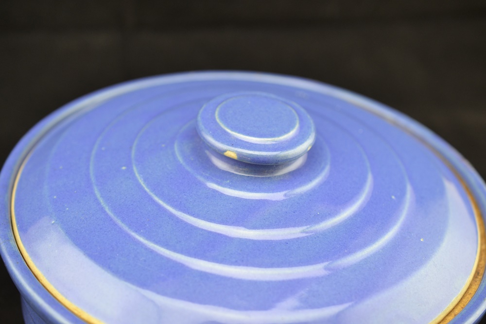 Vintage Blue Stoneware Covered Baking Dish