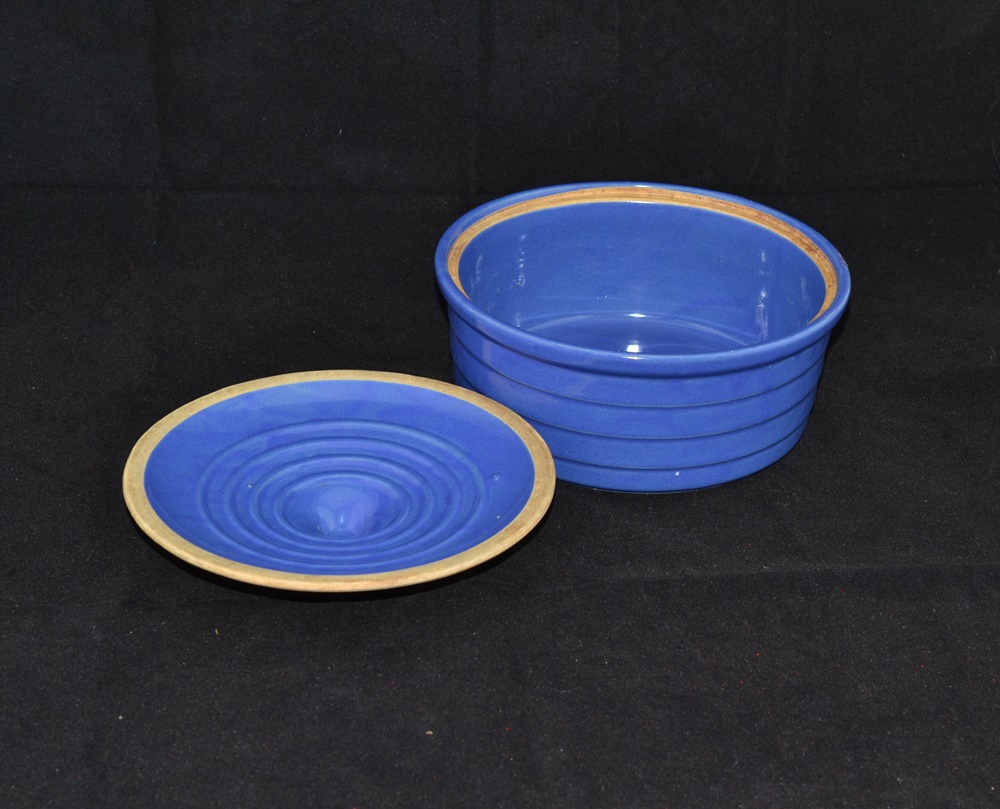 Vintage Blue Stoneware Covered Baking Dish