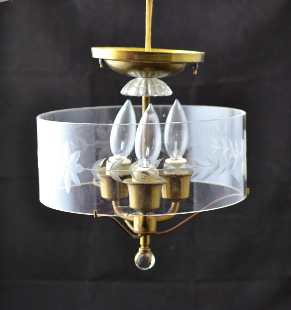 Vintage Brass and Glass Three-Light Chandelier