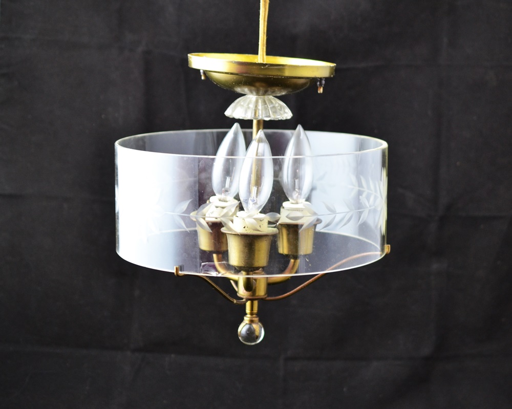Vintage Brass and Glass Three-Light Chandelier