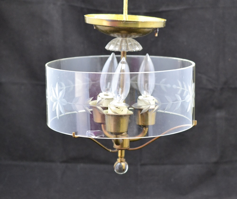 Vintage Brass and Glass Three-Light Chandelier