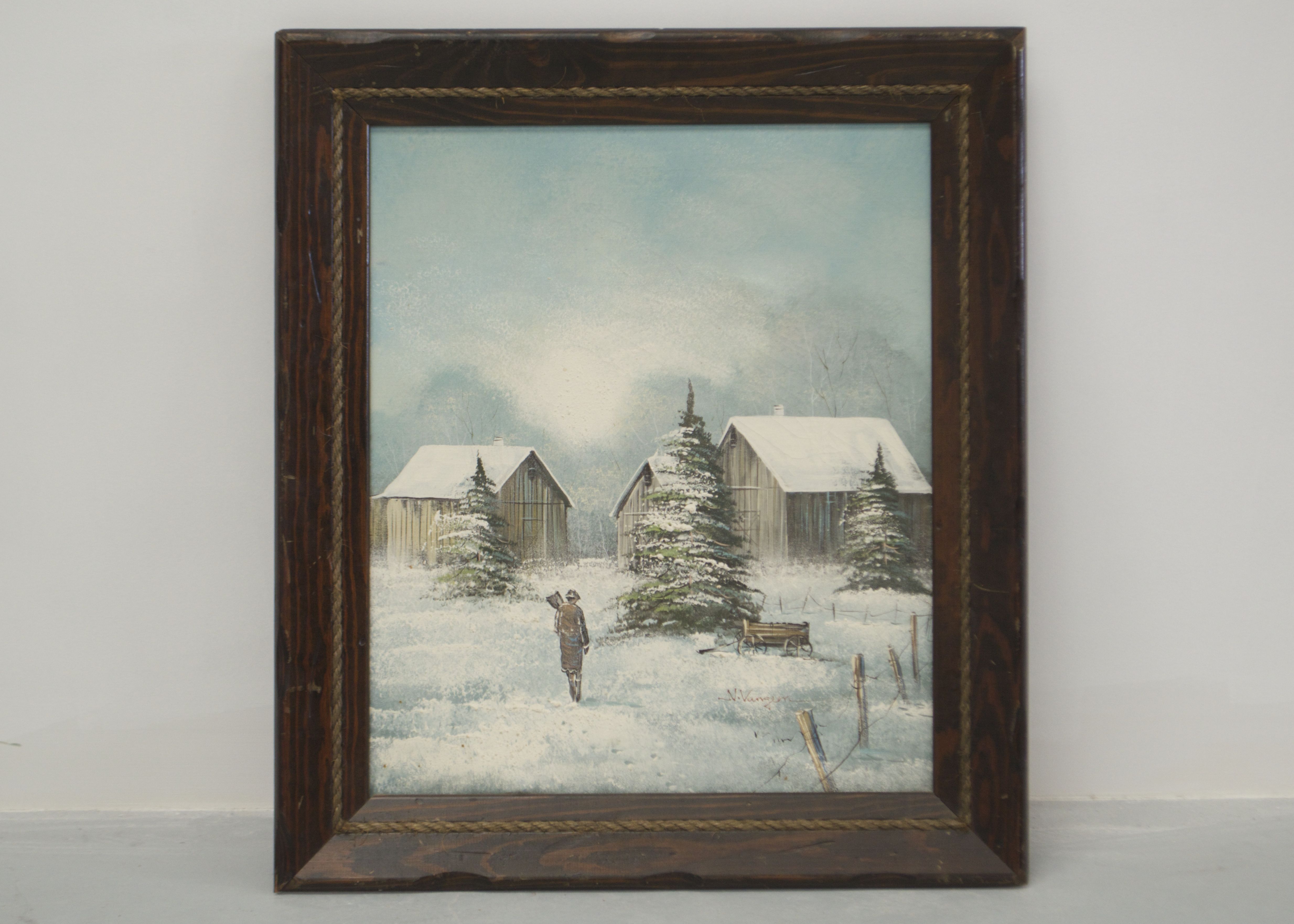Framed "Winter on the Farm" Oil Painting