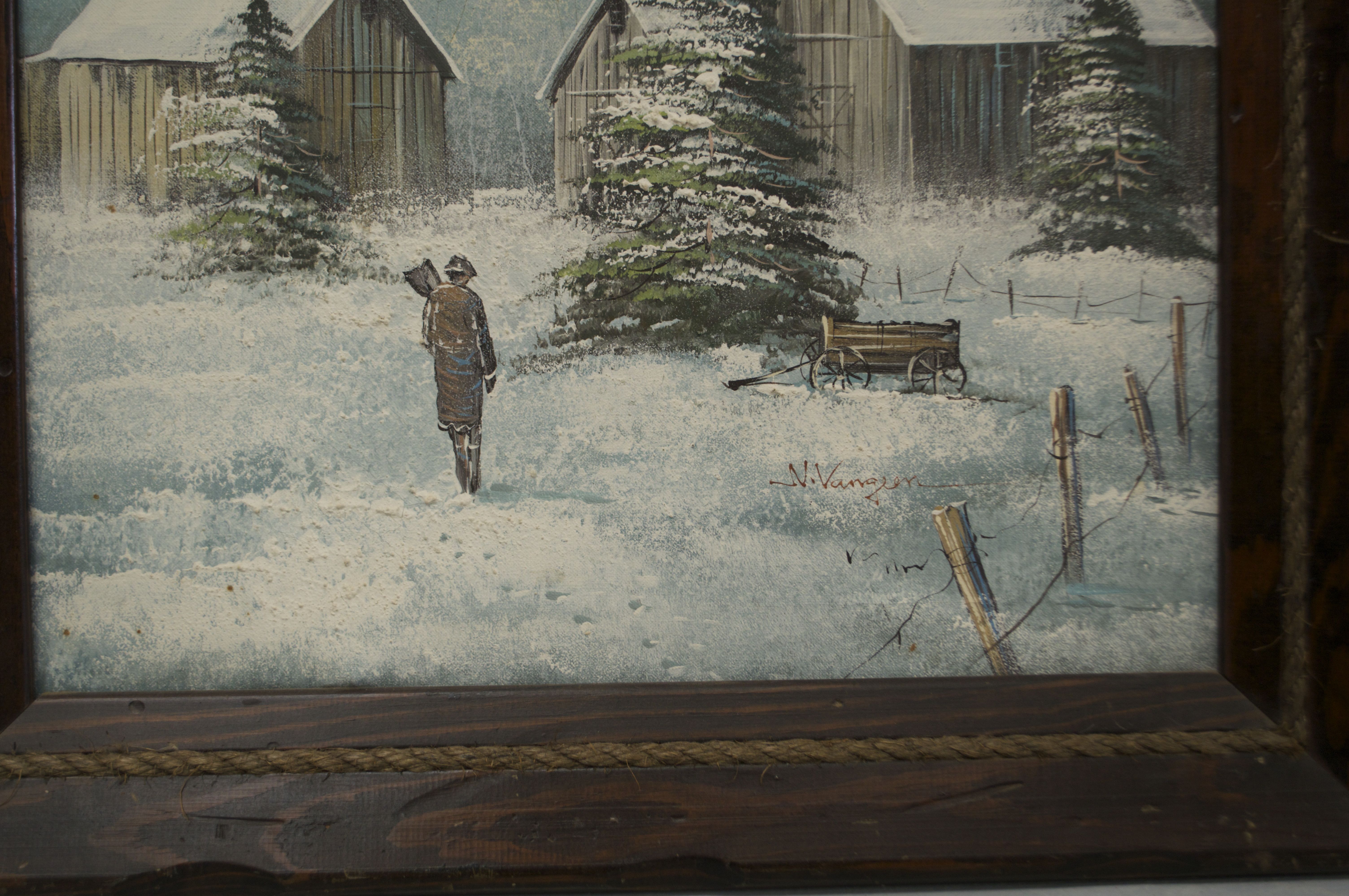 Framed "Winter on the Farm" Oil Painting