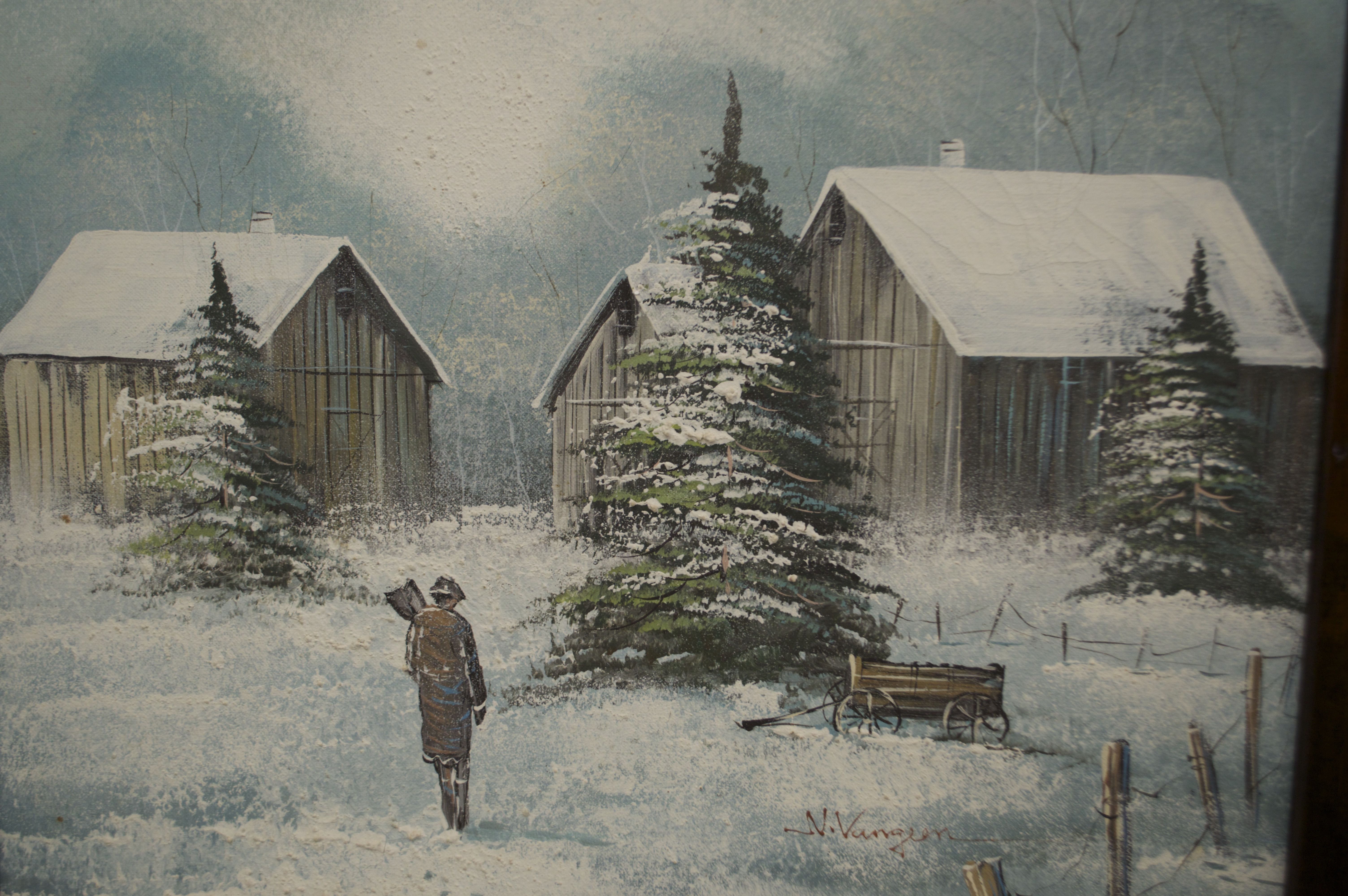 Framed "Winter on the Farm" Oil Painting