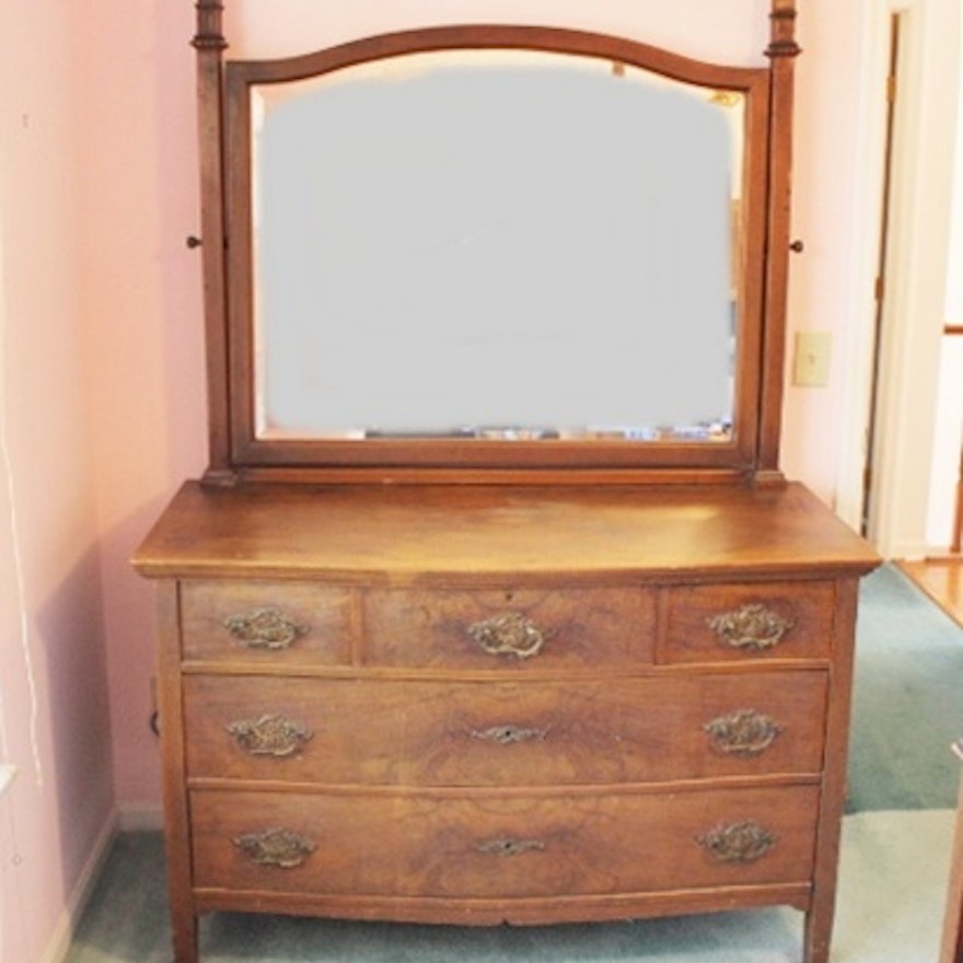 Oak Five Drawer Dresser with Beveled Mirror