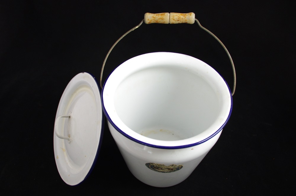 Vintage White Enamel Milk Pail with Lid