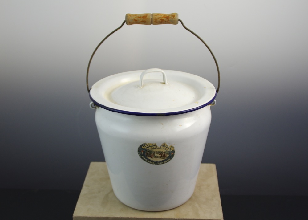 Vintage White Enamel Milk Pail with Lid
