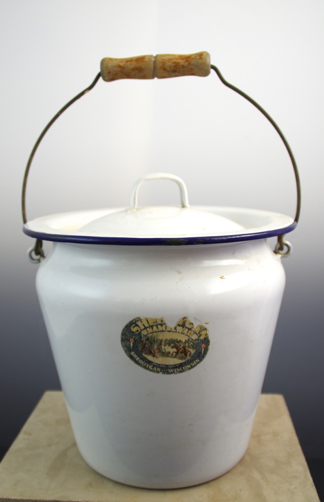 Vintage White Enamel Milk Pail with Lid