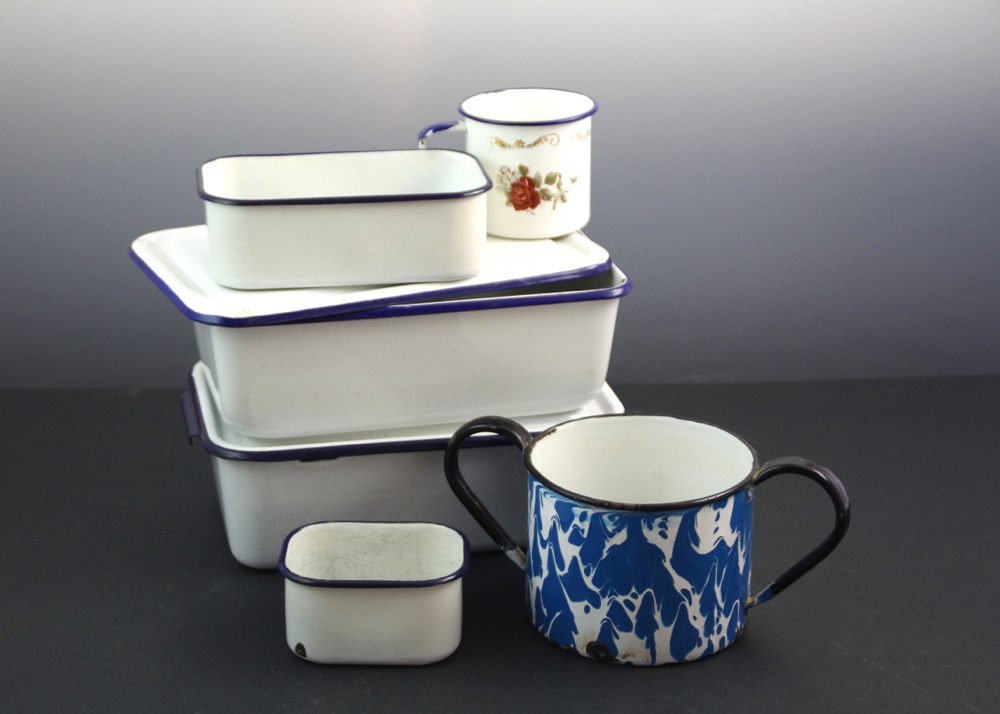 Collection of Vintage Enamelware in Blue and White Finish